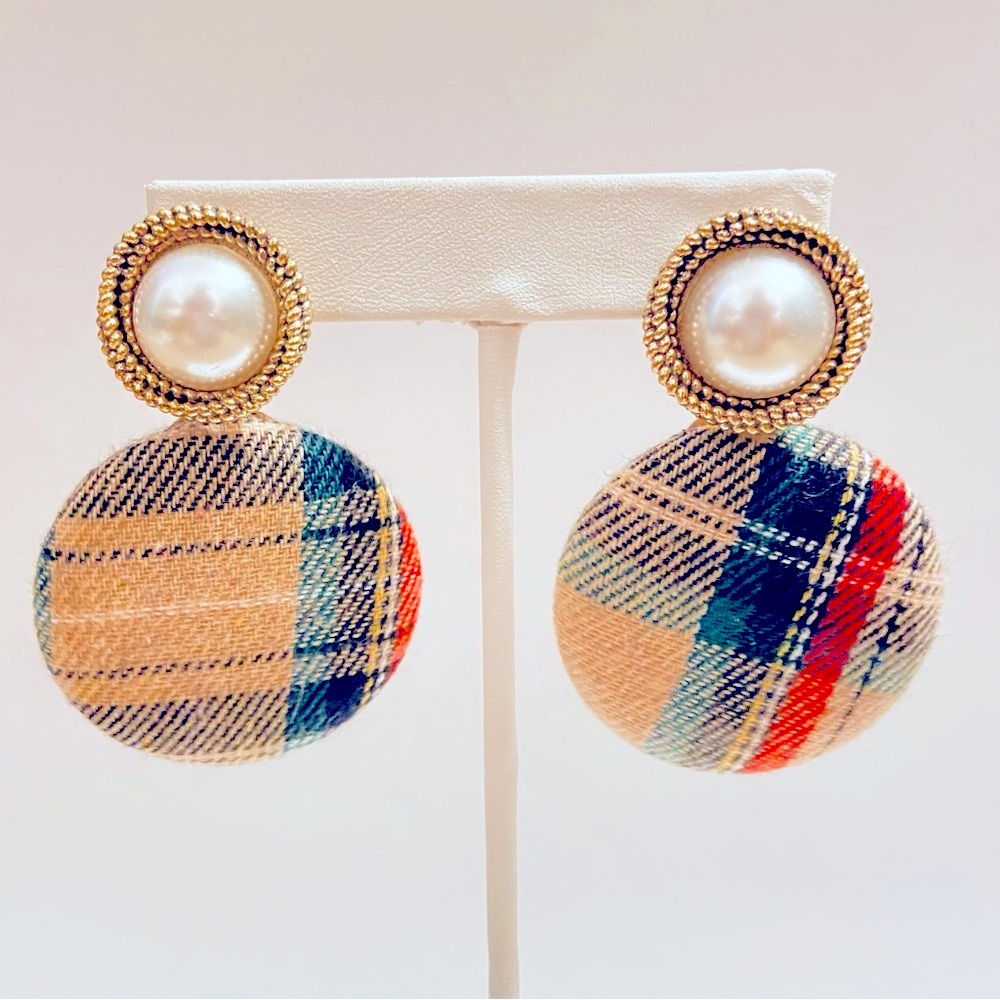 Plaid and Faux Pearl Button Earrings - Picture 2 of 5